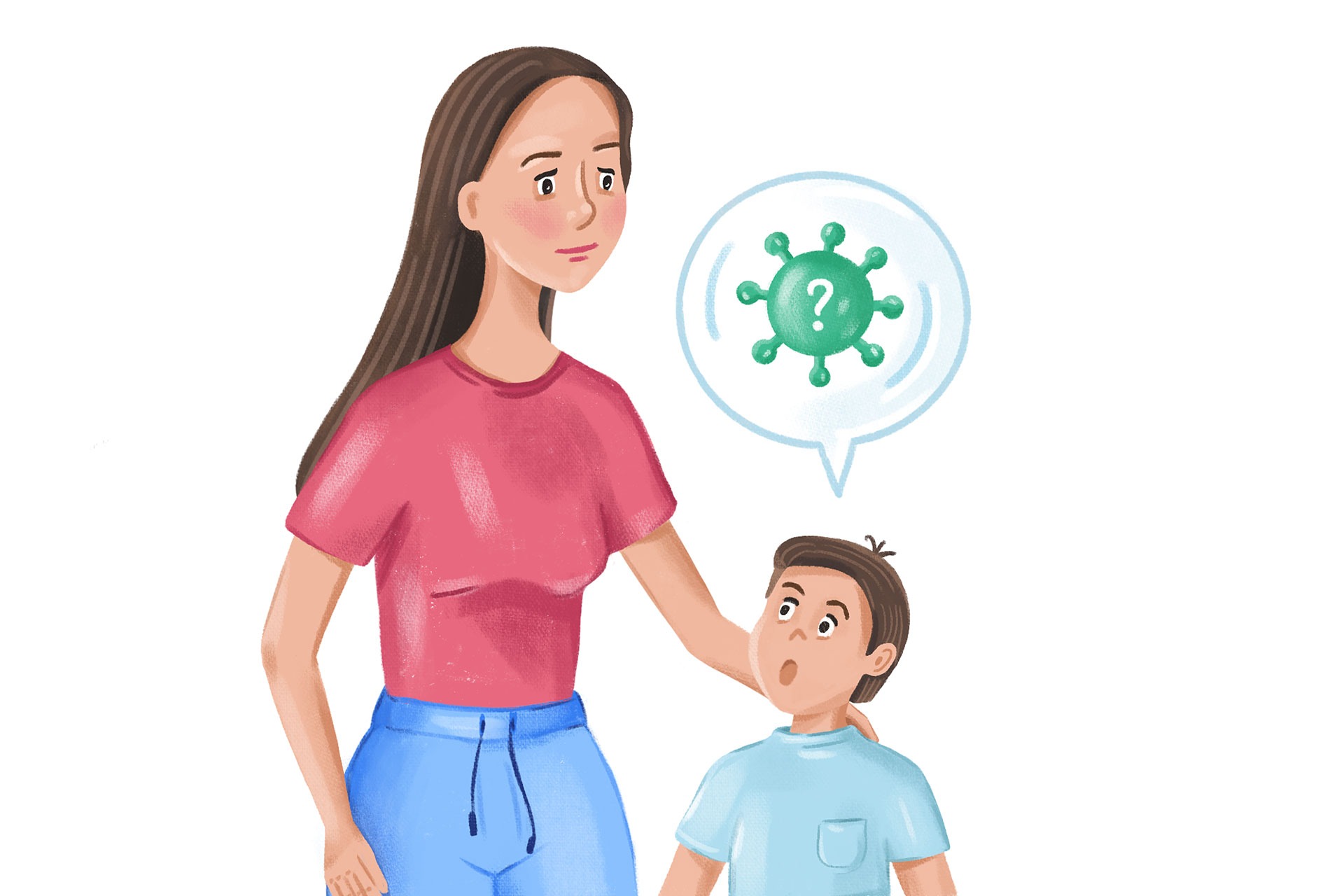 Illustration eines KIndes, das seine Mutter über den Corona-Virus befragt.